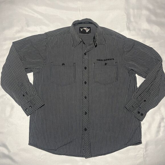 Harley Davidson Mens Shirt Striped Embroidered Spell Out Long Sleeve L Button Up - Picture 1 of 6